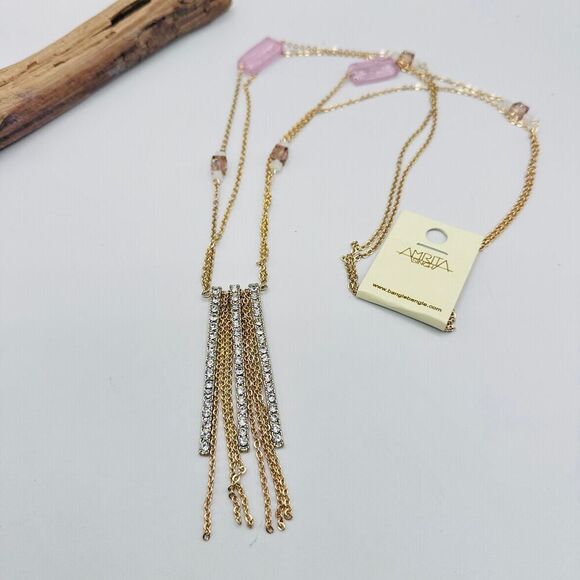 Amrita Singh Gold-Tone Necklace with Pink Resin & Crystal Beads, Tassel Pendant - Picture 6 of 7